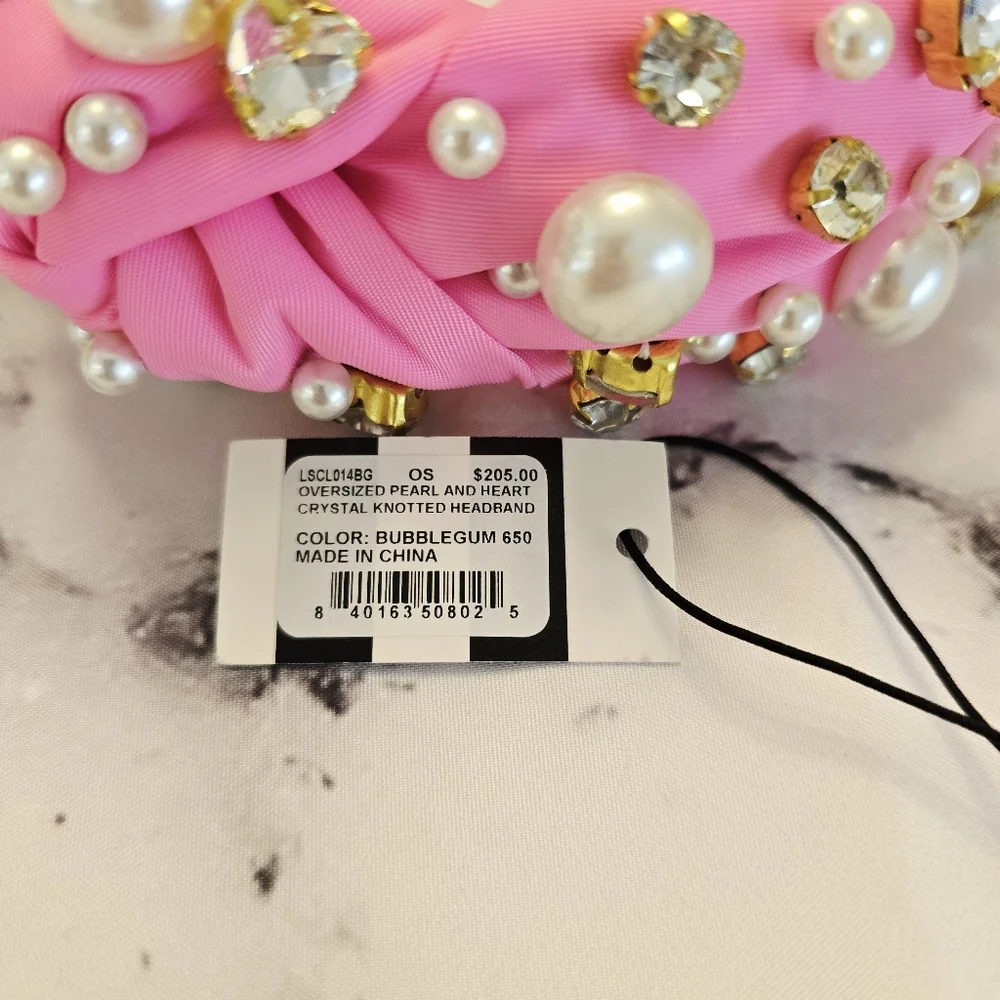 LELE SADOUGHI X STONEY CLOVER BUBBLEGUM PEARL & CRYSTAL HEARTS KNOTTED HEADBAND